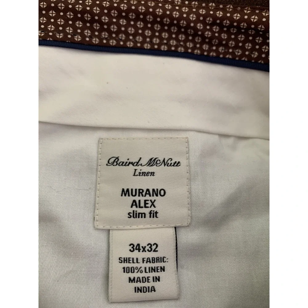 Murano Baird Mcnutt Pants Mens 34x32 Brown Linen Alex Slim Trousers Pleated Cuff